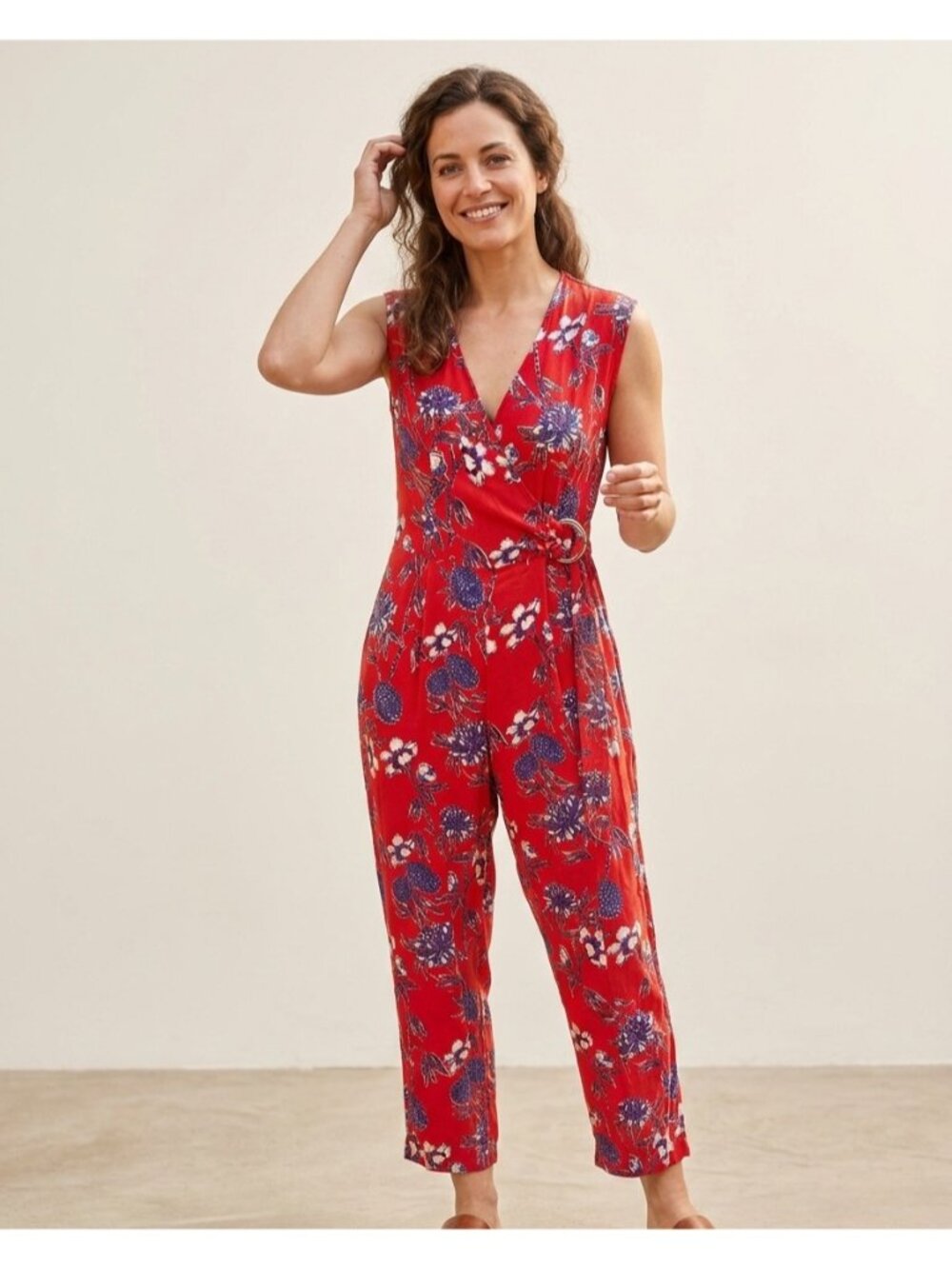 Angie red floral print open back romper | Size SMALL